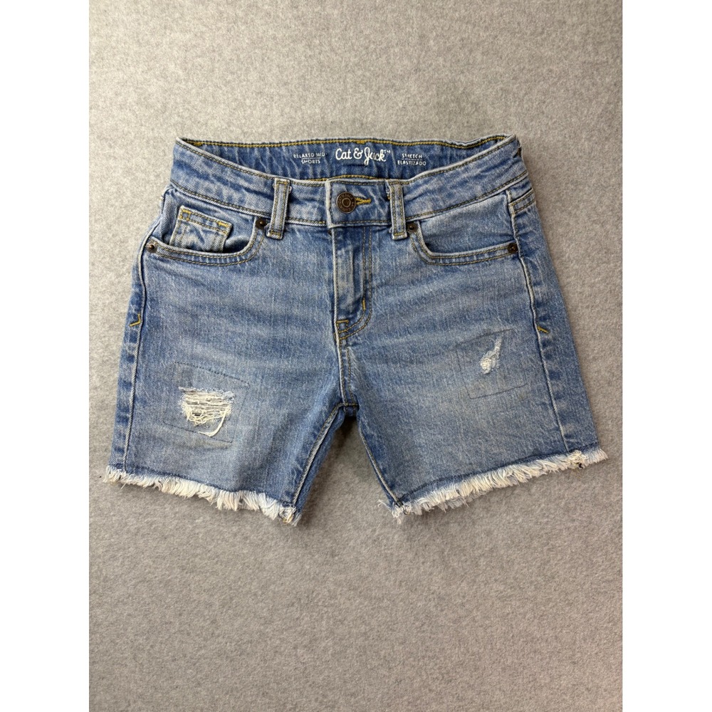 Cat & Jack Girls Relaxed Mid Rise Denim Shorts Blue Distressed Size S 6/7